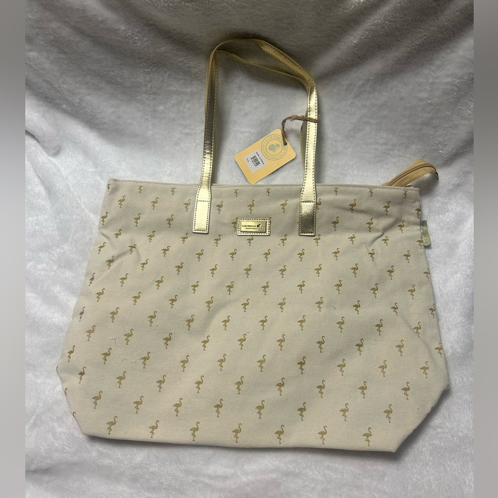 Caribbean Joe Large cream white gold flamingo tote shoulder bag handbag purse